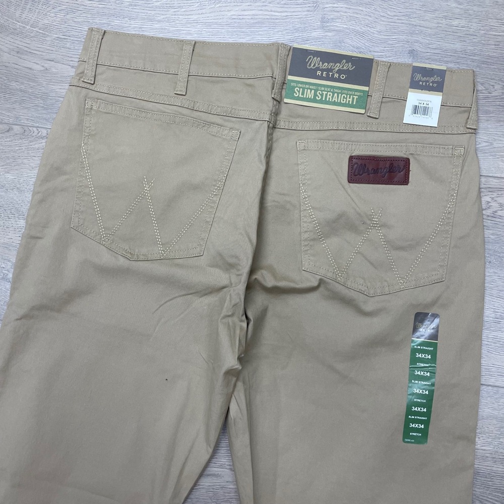 Wrangler Retro Slim Straight Pants Mens 34x34 Tan Khaki 1088MWZFN Stretch